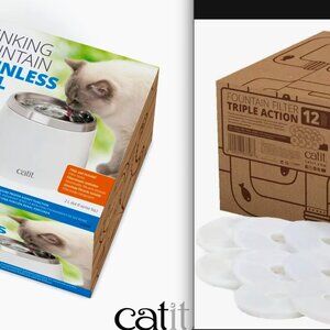 PETS: STAINLESS STEEL DRINKING CAT FOUNTAIN & (12) TRIPLE ACTION WATER FILTERS